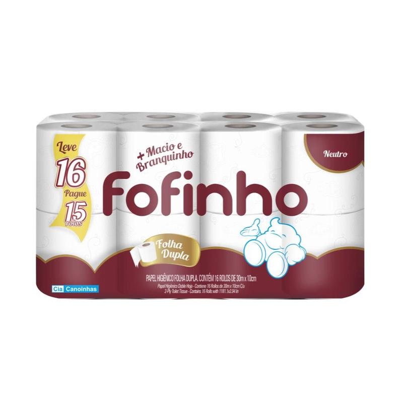 Papel Higiênico Folha Dupla Fofinho pacote com 16 rolos de 30 metros